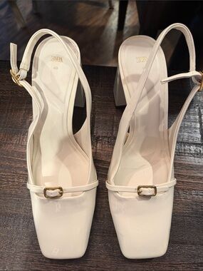 Zara White Patent Slingback Block Heels with Gold Buckle